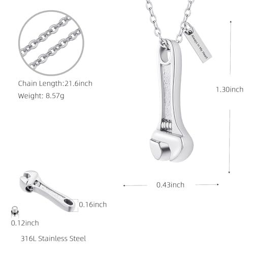 Wrench Cremation Jewelry for Ashes Pendant Urn Necklace with Mini Keepsake Urn Memorial Ashes Jewelry Silver-Always In My Heart
