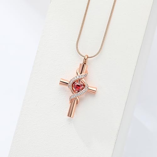 Infinity Urn Necklace for Ashes Cross Cremation Jewelry Memorial Necklace Birthstone Pendant Stainless Steel Urn for Ashe Lockets Keepsake Necklace for Pet Dog Ashes Holder Rose-Red