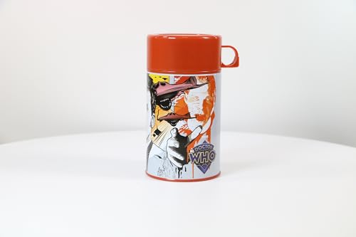 Surreal Entertainment Dr. Who Tenth Doctor Tin Titans lunchbox with beverage container, featuring Doctor Who-themed design and artwork.