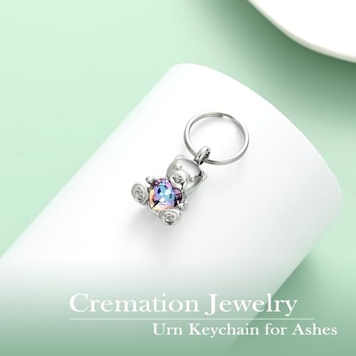 Yinplsmemory Teddy Bear Cremation Jewelry Urn Keychain for Ashes for Women with Crystal Heart Urn Keepsake Pendant Key Ring Rainbow