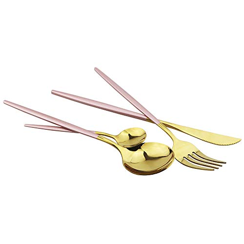 Pink Gold Silverware Set, JASHII 20-Piece Stainless Steel Satin Finish Flatware Set, Kitchen Utensil Set, Mirror Polished Tableware Cutlery Set for Home and Restaurant, Dishwasher Safe Service for 4 Pink Gold