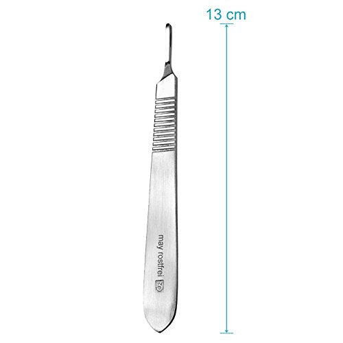 May Scalpel Set: Stainless Steel Handle No.3 and 10 Carbon Steel Blades | Precision knife for crafts, model making and foot care. 13 cm alloy steel handle with 10 sterile blades. Figure 10.