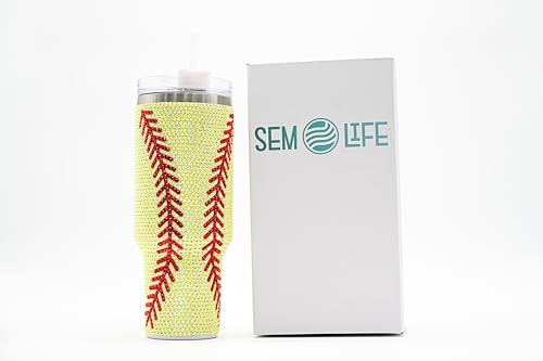 Softball 40 Oz Rhinestone Bling Tumbler Cup with Handle and Straw