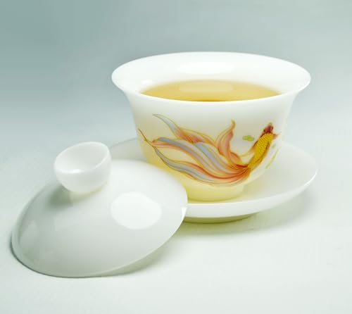 Liang baobao Ice Jade White Porcelain Gaiwan,5oz Teacup Suet-fat Jade Porcelain Chinese Tea Cup Set for Gongfu Tea (fish) fish