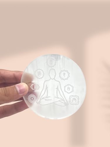 Selenite Crystal Charging Plate for Crystals and Healing Stones, 4" Selenite Crystal Plate Engraved Buddha Yoga Coaster for Home Office Table Decor Buddha (Yoga) Round