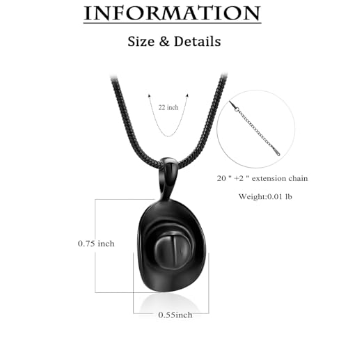 zeqingjw Cowboy Hat Cremation Necklace for Ashes Stainless Steel Urns Necklace for Ashes Memorial Ash Urn Jewelry Black