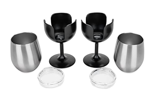 Camco Life is Better at The Campsite Wine Tumbler | Heavy Duty Double Wall Vacuum Insulation | Crafted of 18/8 Stainless Steel | Features Removable Black Stems | 2-Pk, 8-oz/Each (53485)