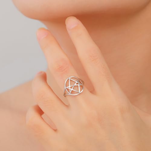Unicursal Hexagram Symbol Ring 6 Pointed Star Ring Occult Satanic Star of David Talisman Religious Jewellery Gift for Women Men (silver, 8(0.71in))