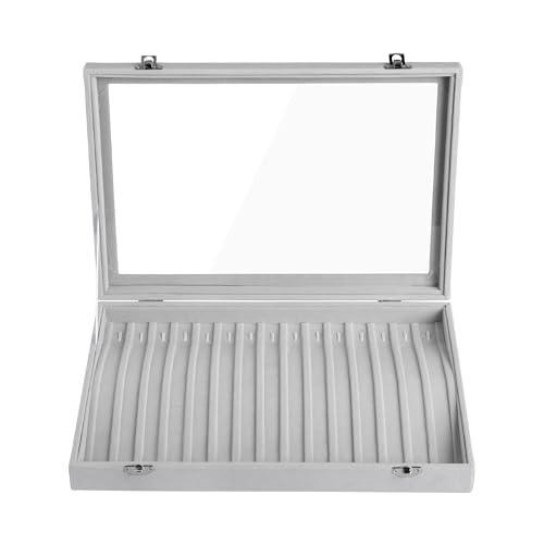 Frebeauty 15 Hooks Necklace Organizer,Velvet Necklace Holder Tray with Lid Grey