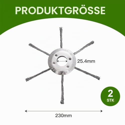 Pack of 2 Steel Wire Grass Trimmer Head, 230 mm Weed Brush for Grass Trimmer, Brush Head with Knotted Wire, Universal Wire Wheel Replacement Garden Grass Trimmer Cutting Head for Brush Cutters (6 230mm