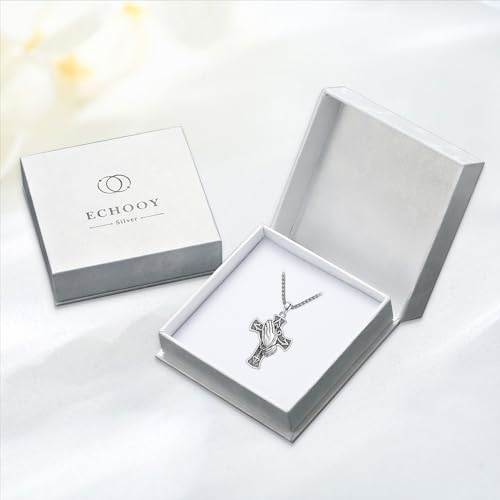 Raven Prayer Hand Cross Necklace Sterling Silver for Men 02-Prayer Hand Cross