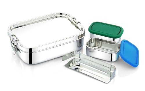 Leakproof Stainless Steel Lunch Box | Large 1400mL Bento Box with 2 Snack Containers & Removable Divider | Dishwasher Safe | Non-Toxic