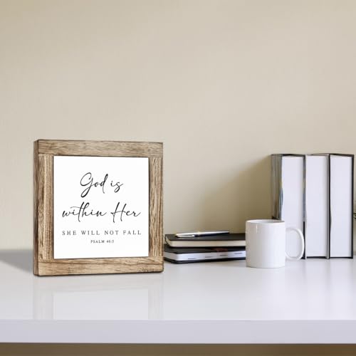 Christian Wooden Sign, Psalm 46 : 5 Decor, God is Within Her She Will Not Fall, Inspirational Wood Signs, Square Wood Block Sign Table Decor, Funny Office Desk Signs 5.9x5.9 Inches