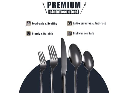 40 Pieces Premium Stainless Steel Flatware Set for 8, Ergonomic and Modern Design Cutlery Set, Mirror Polished, Dishwasher Safe (40, Titanium black) 40