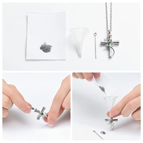 Cross Urn Necklace for Ashes Birthstone Rose Flower Cremation Jewelry for Women Gilrs Keepsake Memorial Ashes Pendant Silver-Green