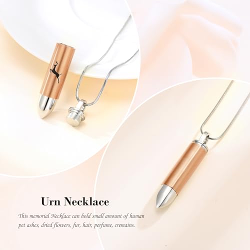 Deer Bullet Cremation Urn Necklace for Ashes Stainless Steel Memorial Cremation Jewelry for Loved One's Ashes Pendant Rose gold