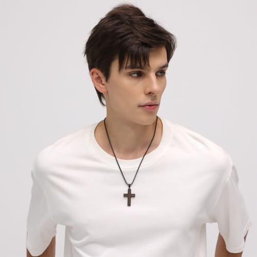 REVEMCN Wooden Cross Necklace for Men – Black Walnut & Stainless Steel Cross Pendant with Adjustable 18–24" Chain, Christian Jewellery Gift for Son Black Walnut - A 18" + 2" Extender (46 + 5 cm)