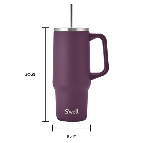 S'well Recycled Stainless Steel Tumbler XL with Straw and Handle, 30oz, Plum, Triple Layered Vacuum Insulated Container Keeps Drinks Cold 36 hours and Hot for 9, BPA Free