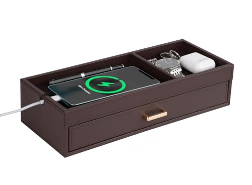 HofferRuffer Valet Jewelry Tray Organizer with Drawer, Faux Leather Storage Catchall Box Phone Charging Station Tray with Dresser Nightstand Desktop Drawer Organizer (Dark Brown) Dark Brown