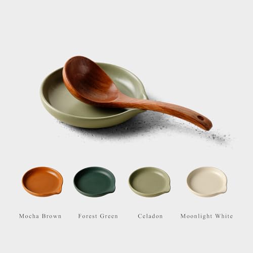 Set of four Vrutaoci ceramic spoon rests for holding spoons, spatulas, whisks, and ladles on stove tops.