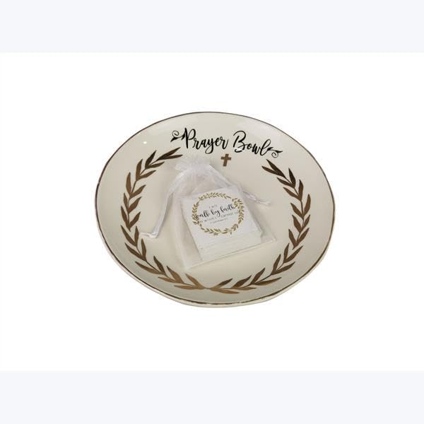 Young's Inc Ceramic Golden Faith Prayer Bowl with 40 Prayer Cards, 10 Inch Decorative Prayer Bowl, Christian Inspirational Giftfor Men, Women, Religious Home Decor, Reflection Bowl
