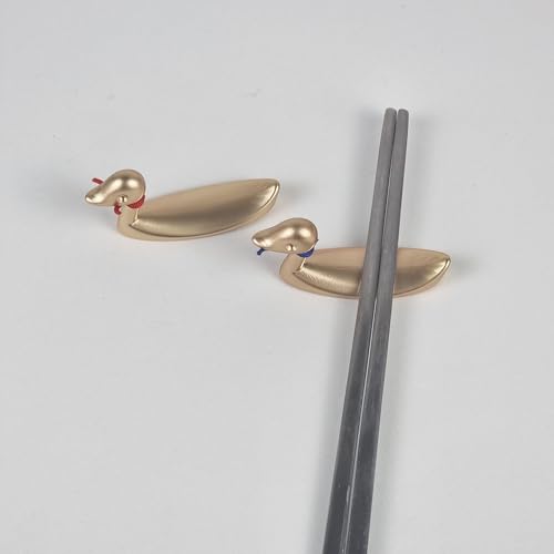 Mandarin Duck Couple Spoon Rest Set - Traditional Korean Harmony Symbol Gold Tone - Magnetic Utensil Holder - Wedding Housewarming Gift