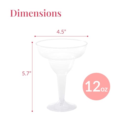Prestee 50 Clear Plastic Margarita Glasses, 12oz - Heavy Duty Margarita Glasses Disposable for Cinco de Mayo Party Decorations, Taco Party, Plastic Cocktail Cups Large (50 Count)