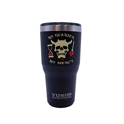 Yukon Outfitters Freedom High Grade 18/8 Stainless Steel Double Wall Vacuum Insulated Tumbler (30oz / 890ml) - 7.85" H x 3.9" Top Dia. / 2.9" Bottom dia., Black with 'No Quarter' Pirate print 30 Ounces