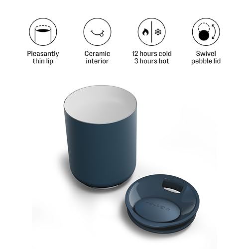 Fellow Rocky Lowball Tumbler Set of 2 - Insulated Stainless Steel Cocktail Tumblers with Ceramic Interior and Swivel Pebble Lid - 10 oz, Stone Blue 10 Ounces Pack of 2