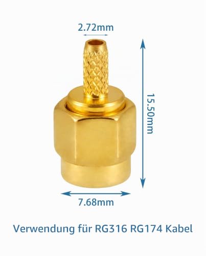 Vecys SMA Male Crimp Connector for RG316 RG174 RF Coaxial Cable Pack of 10 SMA Male for RG174/RG316