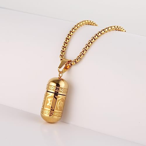 STWTR Tibetan Buddhist Meditation Stainless Steel Pendant Memorial Cremation Grey Pill Container Necklace for men and women with 23.6 "+1.9" necklace Gold