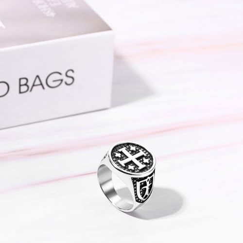 Flonge Cross Ring for Men: Jerusalem Cross Stainless Steel Ring Religious Cross Signet Rings Christian Baptismal Amulet Gift 11(V1/2)