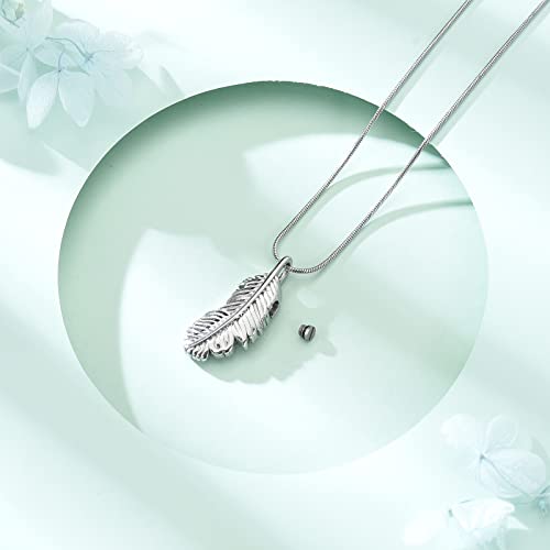Cremation Jewelry Feathers Urn Necklace for Ashes Stainless Steel Memorial Keepsake Pendant for Women Men Silver