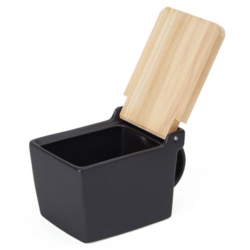 ZERO JAPAN Salt Cellar with Hinoki Lid (BEE HOUSE), Japanese Ceramic Salt Box for Sea Salt, Kosher Salt & Spices, One-Handed Flip Lid, Made in Mino, Japan, 16 oz - Noble Black