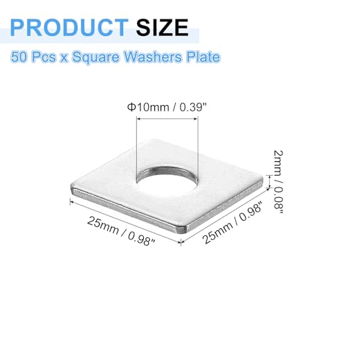 uxcell 1-inch square plate washers for 3/8-inch bolts, 201 stainless steel, 0.08-inch thick, 50 pieces