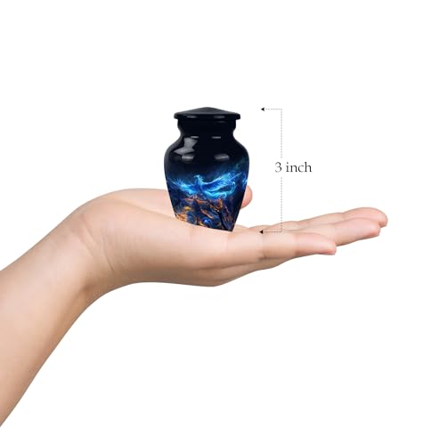 Phoenix Bird Urns, Keepsake Mini Cremation Urns for Adults, Memorial for Human Remains, Funeral Decorative Urns, Small Urn for Human Ashes for Adult Male & Female, Pack of 2, Black, Blue 3 inch Keepsake Set 2 Phoenix Bird Urns - 6