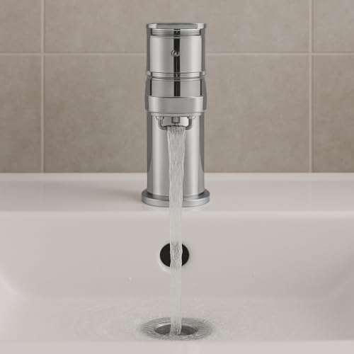 Basin Mixer Tap – Chrome Finish Single Lever Bathroom Sink Mixer | Deck Mounted, Hot & Cold Water | Modern Compact Tap with Flexible Connectors (Flat) Flat