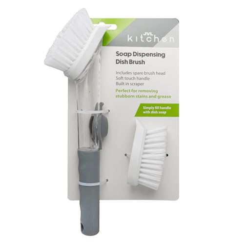 JVL Cleaning Caddy Set with Soap Dispensing Dish Brush, Scrubbing Brush, Microfibre Cloth, Microfibre Cleaning Mitt & 3 in 1 Window Squeegee Household Cleaning Kit Caddy Cleaning Set