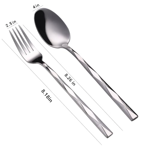 12-Piece Stainless Steel Spoon and Fork Set for Everyday Home Use, Diamond Cut Mirror Polished Heavy Duty Dinnerware, 6x8" Large Forks & Spoons, Dishwasher Safe Flatware Set for Kitchen Restaurant 12PCS (6 Spoons + 6 Forks) 8.26 Inch