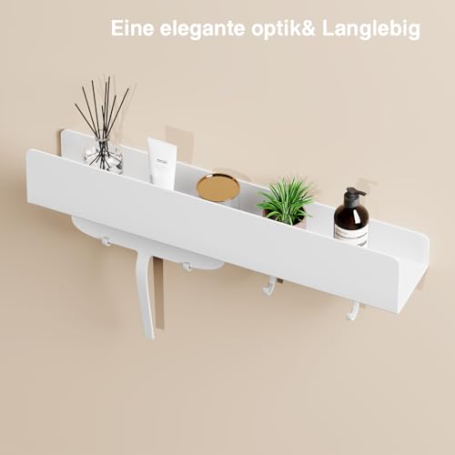 REKITA No Drill Shower Shelf Organizer, 40cm Stainless Steel Bathroom Storage with 4 Removable Hooks, Adhesive Wall Mounted Shower Caddy, Rustproof Bath Shelf for Bathroom Kitchen Living Room White