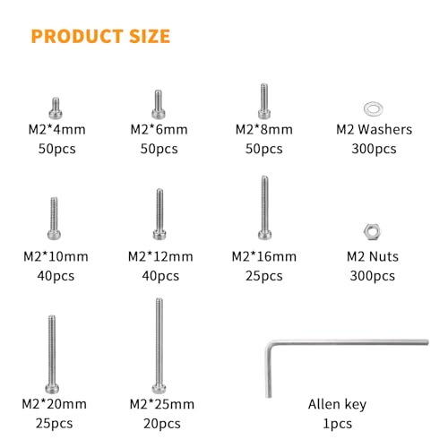 TOOINKCV 900-piece M2 stainless steel hex socket screws, nuts and washers assortment set.