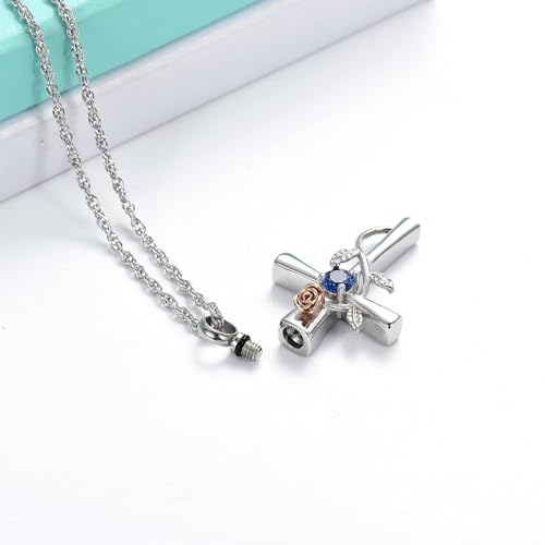 Cross Urn Necklace for Ashes Birthstone Rose Flower Cremation Jewelry for Women Gilrs Keepsake Memorial Ash Pendant, Stainless Steel Silver-Blue