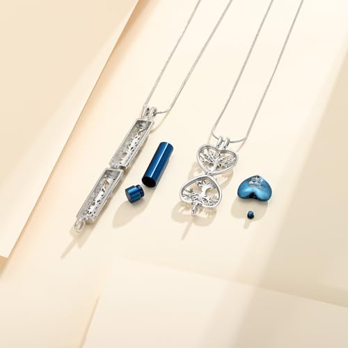 Tree of Life Cremation Jewelry for Men Women - 2 Pcs Cylinder & Heart Urn Necklaces for Ashes Stainless Steel Memorial Keepsake Pendant for Human Pet Ashes Blue