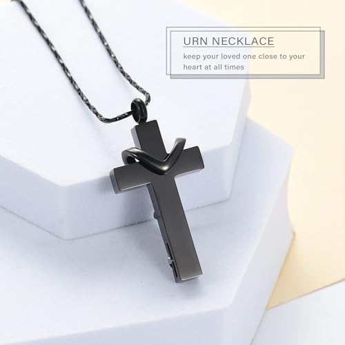 Cremation Jewelry Double Cross Necklace and Crystal Cube Memorial Ashes Urn Pendant Necklace Keepsake Jewelry for Adult Ashes with Birthstone Black