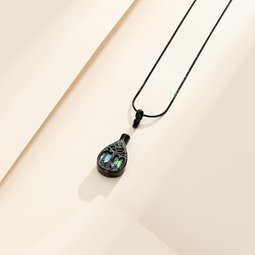 Cremation Jewelry Tree of Life Teardrop Urn Necklace for Human Ashes for Women Men Abalone Shell Memorial Ashes Keepsake Pendant Black