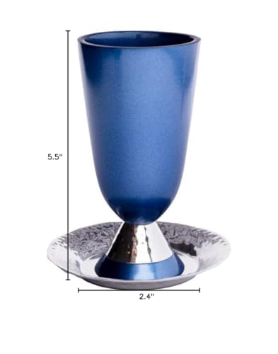 EMANUEL Yair Kiddush Cup in anodized blue aluminum with hammered finish, showcasing its elegant design and craftsmanship.