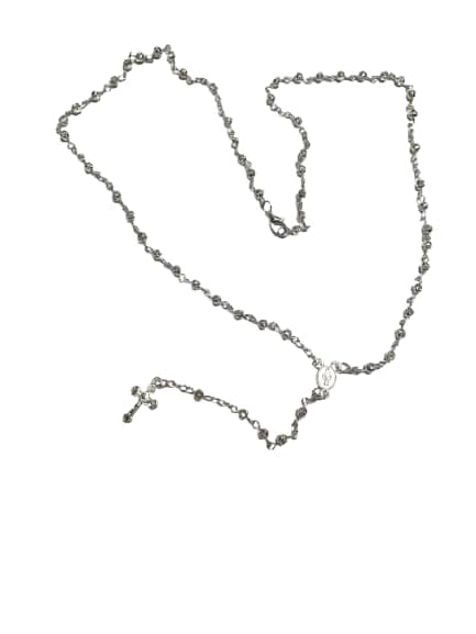 Madonna Prayer Rosary Necklace 60 cm + 12 cm Long with Cross, 3 mm Balls Approximately 3 mm Round Medal and Jesus Cross, taglia unica, Silver Plated Brass, Metal