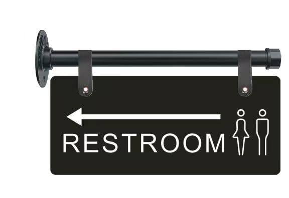 Double Sided Restroom Sign with Arrow, Wall Mount Unisex Bathroom Directional Sign with Metal Pipe Rod, Black, 11x4.7 Inch, Easy Install with Hanging Straps for Business Office & Public Hallway Bathroom (Black, Restroom)
