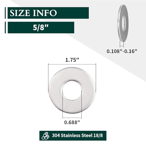 5/8" ID x 1-3/4" OD Stainless Steel Flat Washers, 304 (18-8), Plain Finish, Pack of 20 5/8 ID x 1-3/4" OD