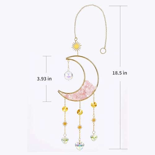 Moon Phase Crystal Suncatcher with Healing Stones, Boho Rainbow Maker Prism Window Hanging, Celestial Moon Sun Catcher for Home Decor, Meditation Room, Yoga Space, Gift for Women, Pink